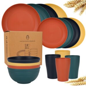 16-Piece Unbreakable Wheat Straw Dinnerware Set for Kids – Eco-Friendly Plates & Bowls